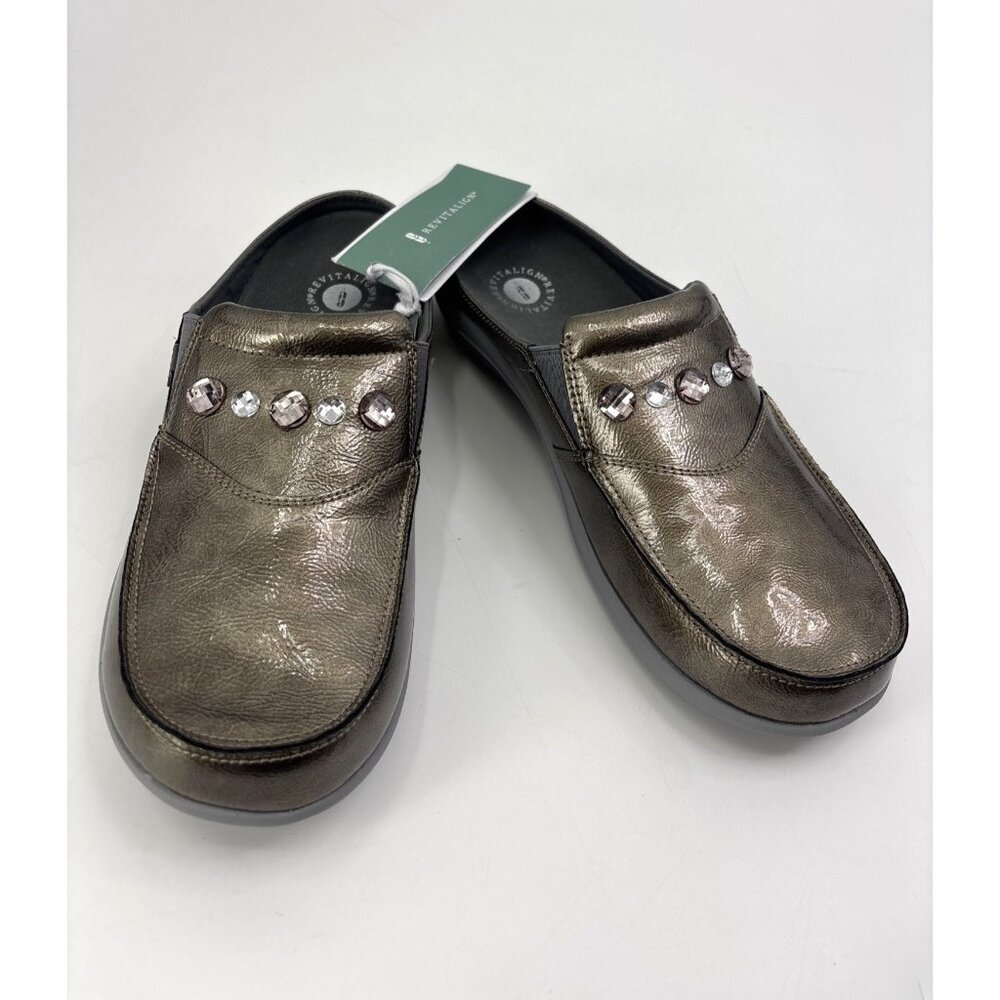 Revitalign Siesta Dazzle Slide Embellished Comfort Orthotic Mule Pewter 12B NEW